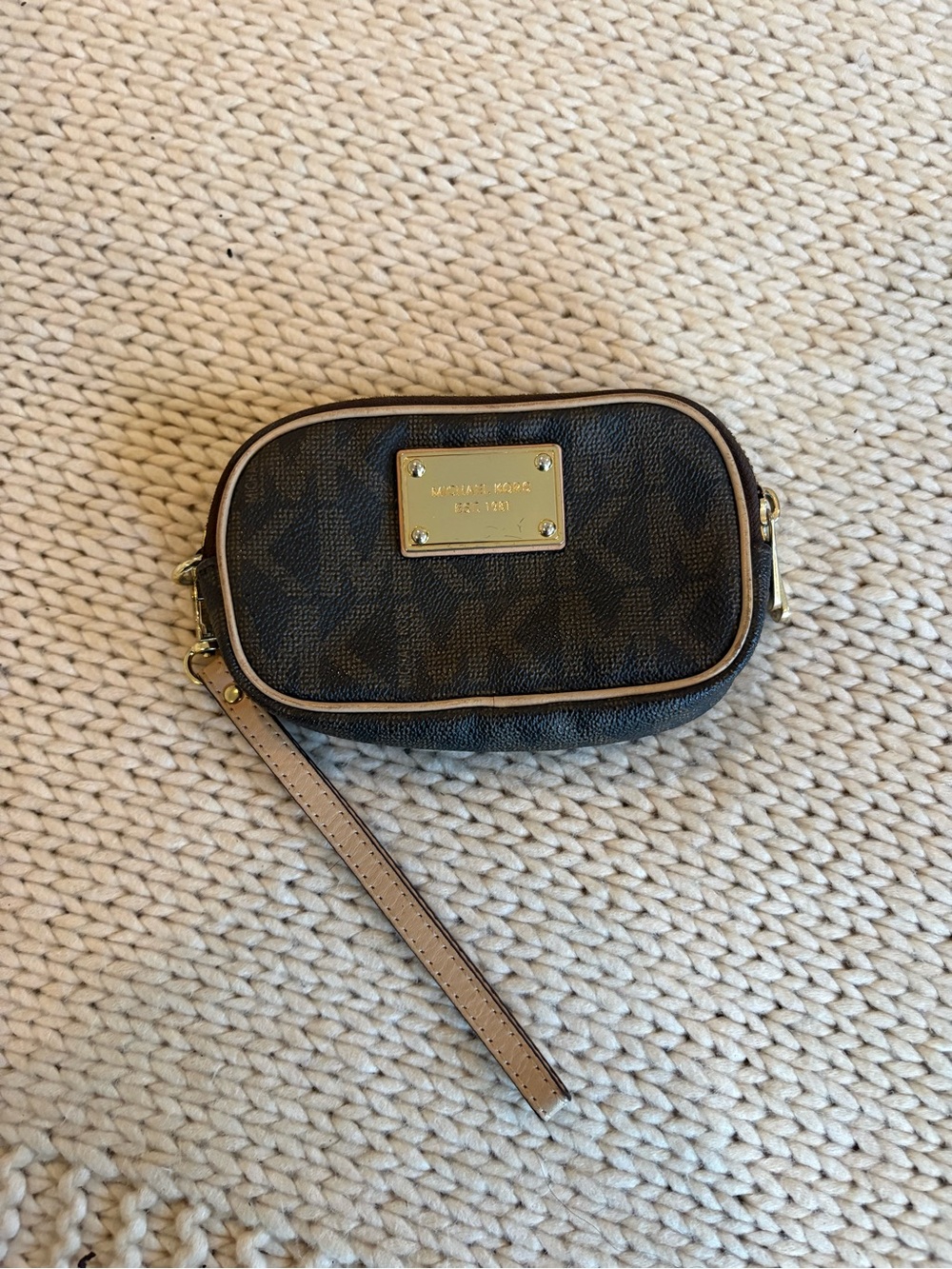 Michael Kors Dark Brown Logo Wristlet with Beige Trim